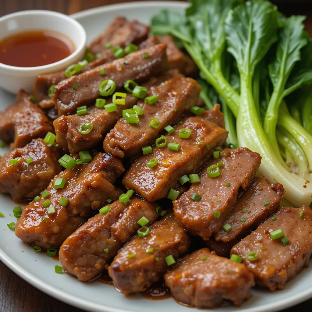 Close up plate of assorted Chinese meats and vegetables