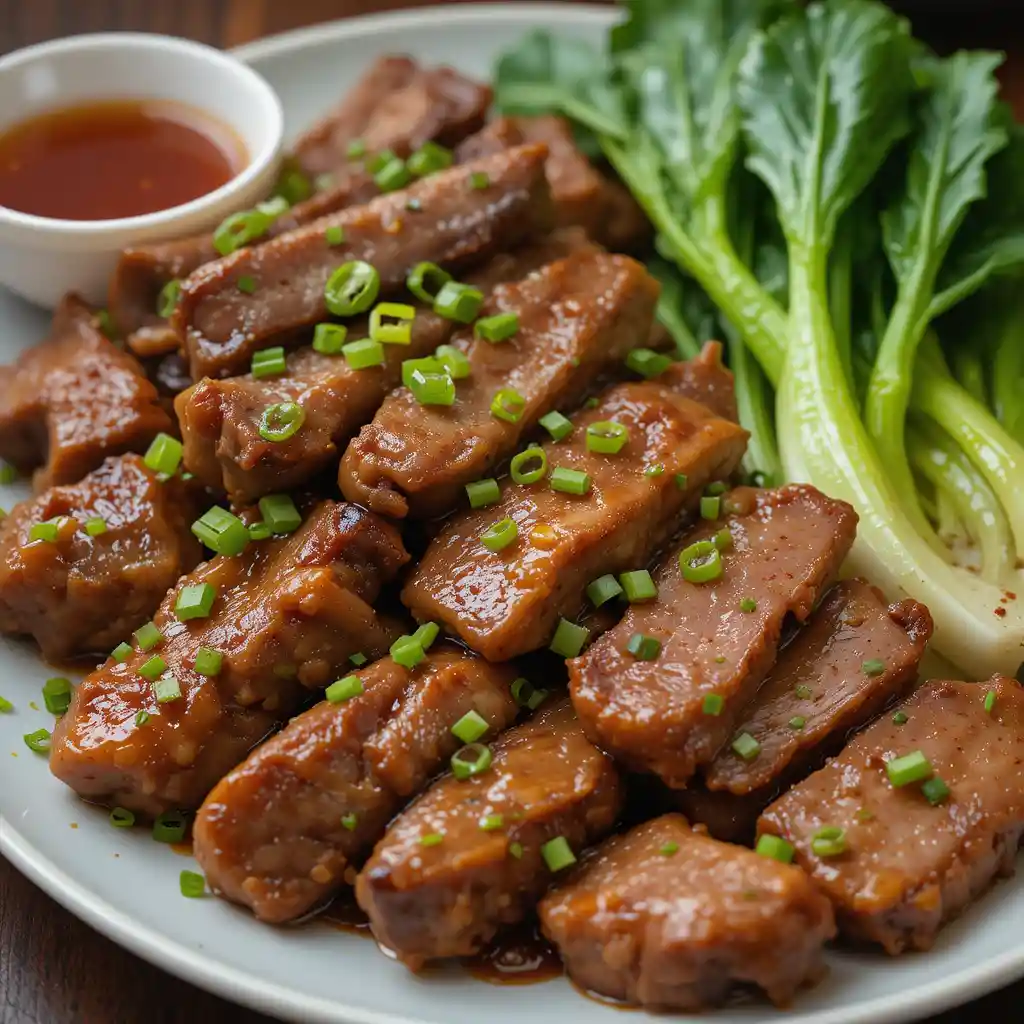 Close up plate of assorted Chinese meats and vegetables