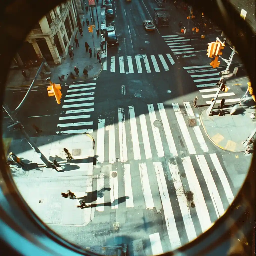 Birds eye view of a city crosswalk in high contrast