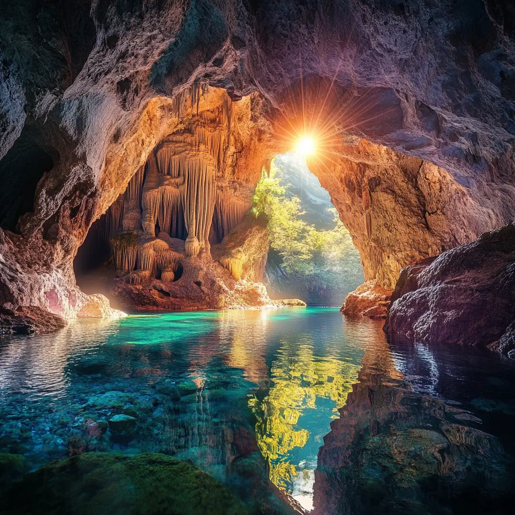Surreal cave with sunlit lake and vibrant natural reflections