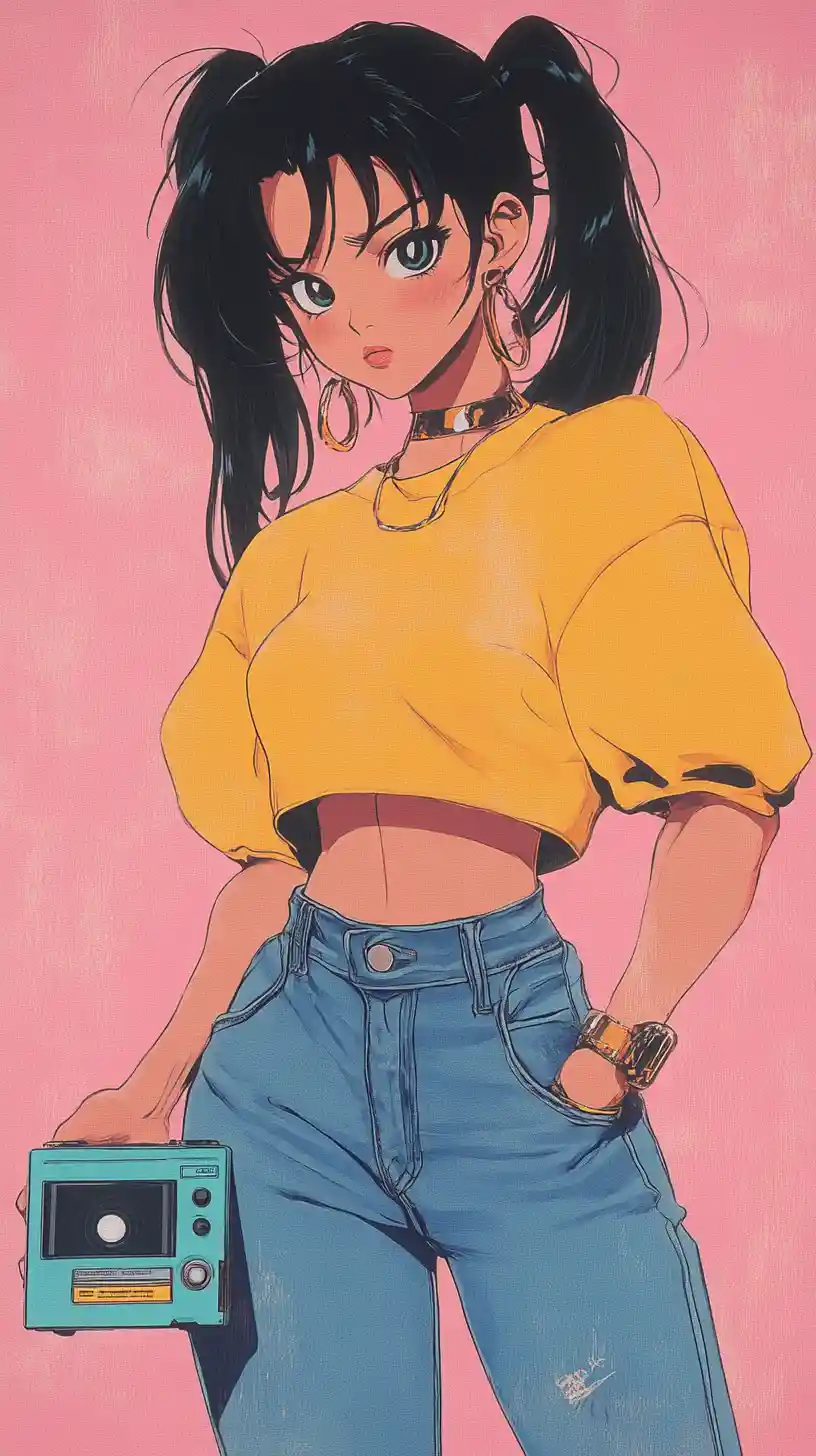 Anime girl with retro game console in yellow shirt