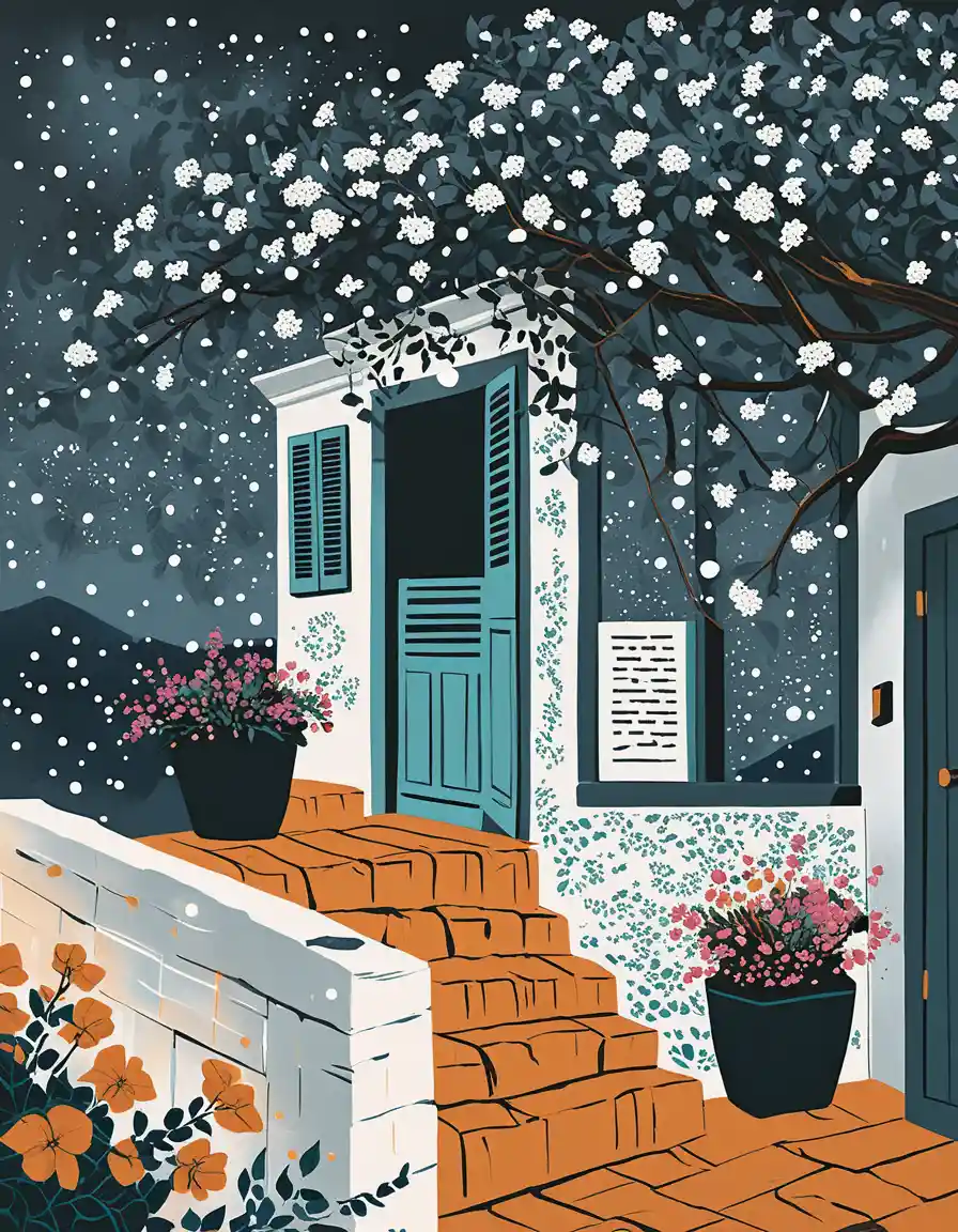 Gouache painting of whitewashed village houses with flowers