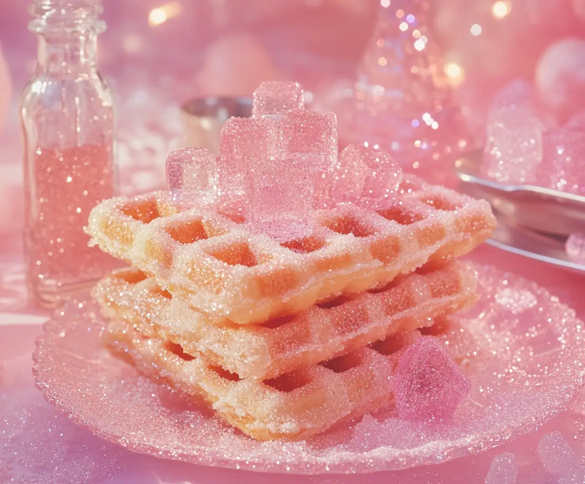 Stacked pink desserts on a glittering glass plate