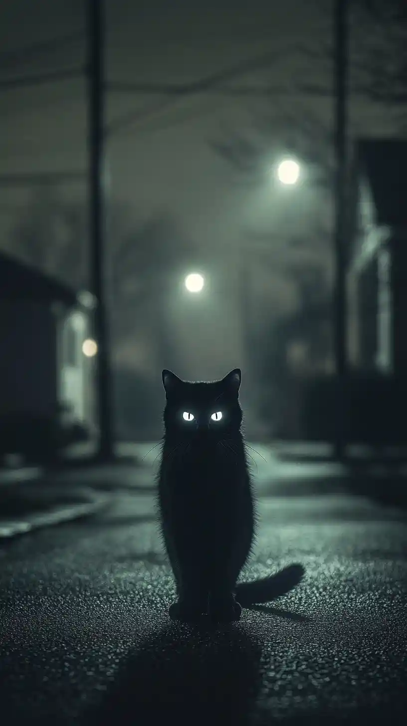 Chat noir aux yeux lumineux dans une rue sombre de banlieue