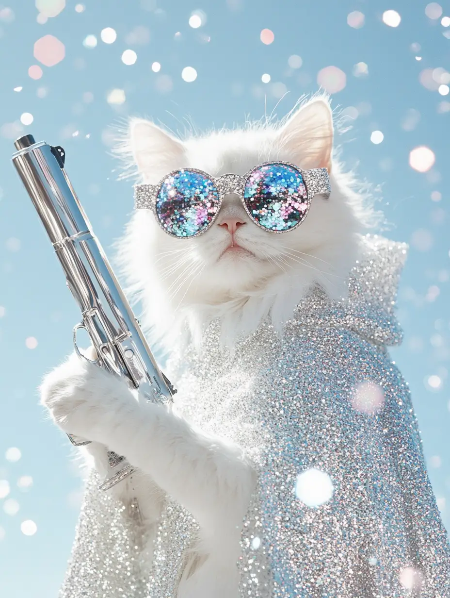 White cat in silver cloak with glittery sunglasses