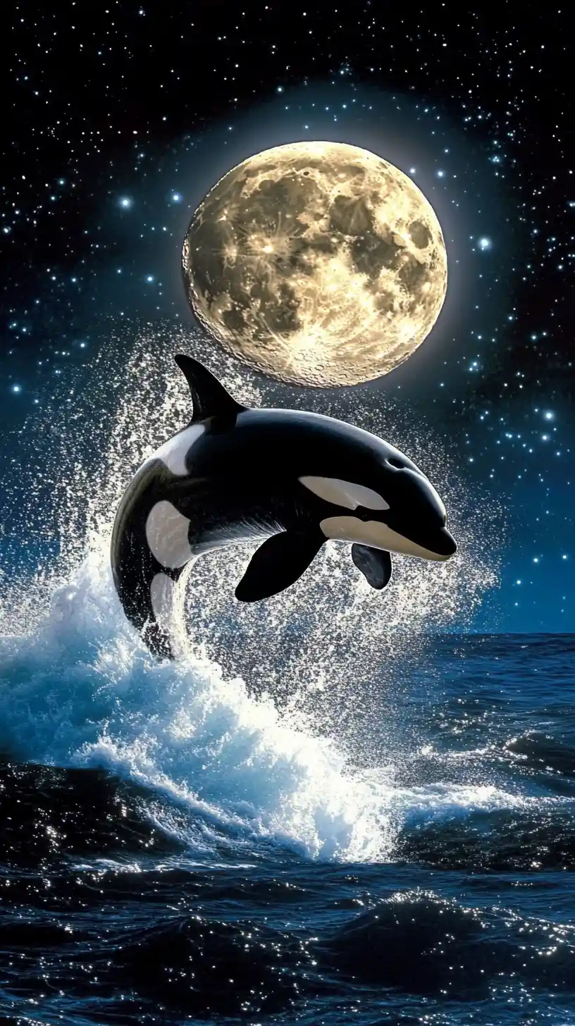 Orca breaching in moonlit ocean under luminous full moon