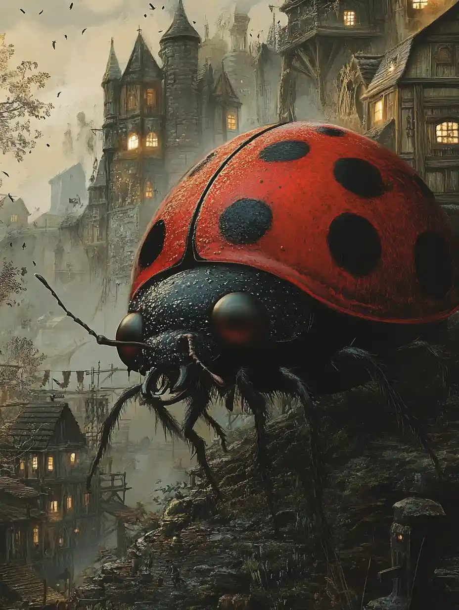 Gigantic Anthropomorphic Ladybug Looming Over Dark Fantasy Village