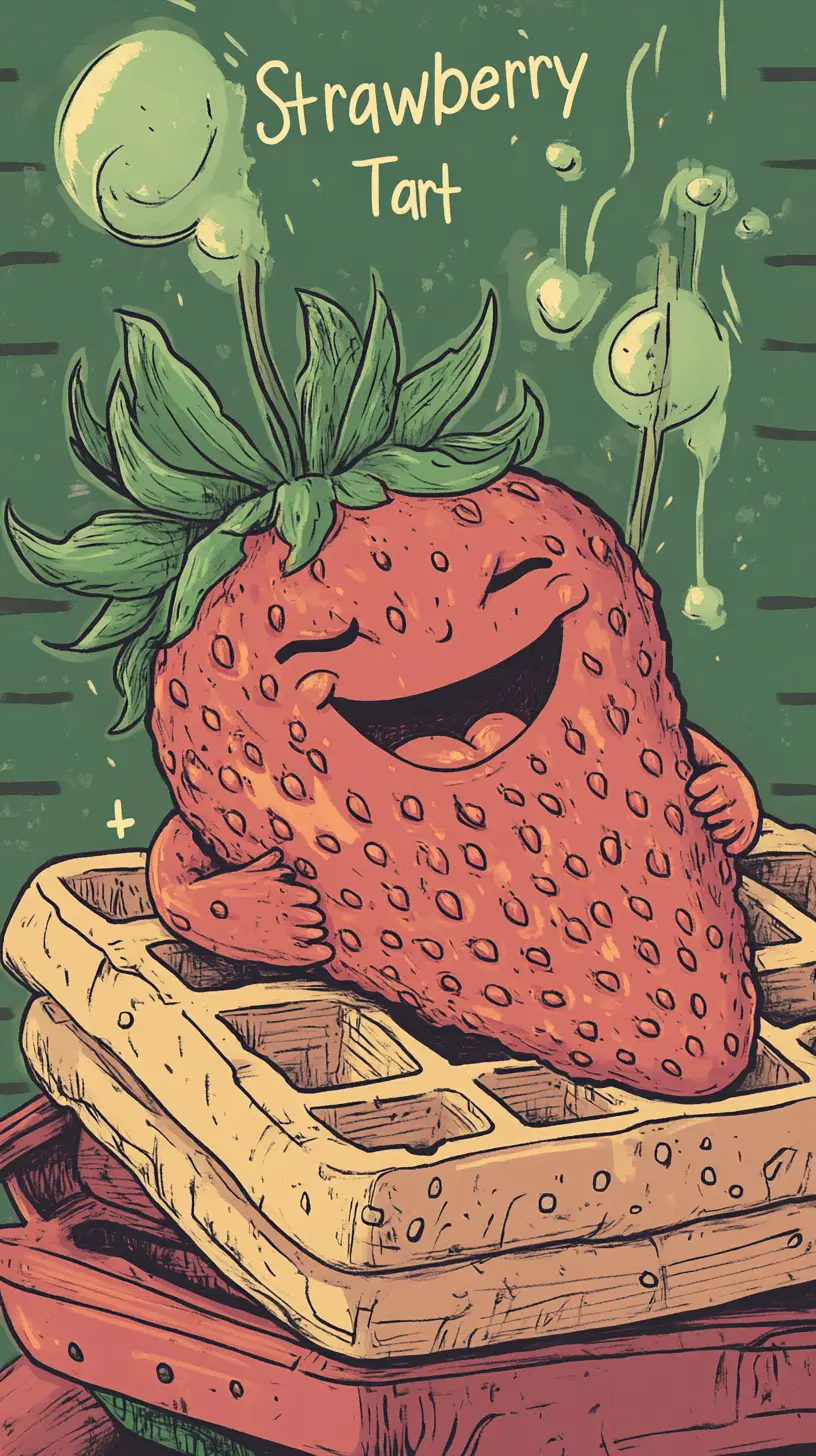 Cozy cartoon strawberry character resting on waffle iron