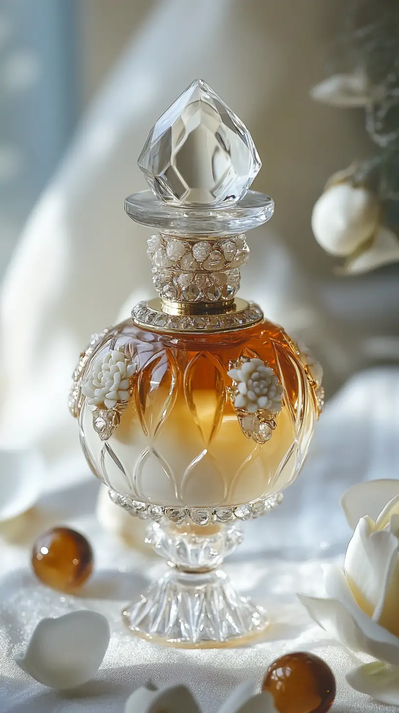 Crystal perfume bottle with floral and woody accents