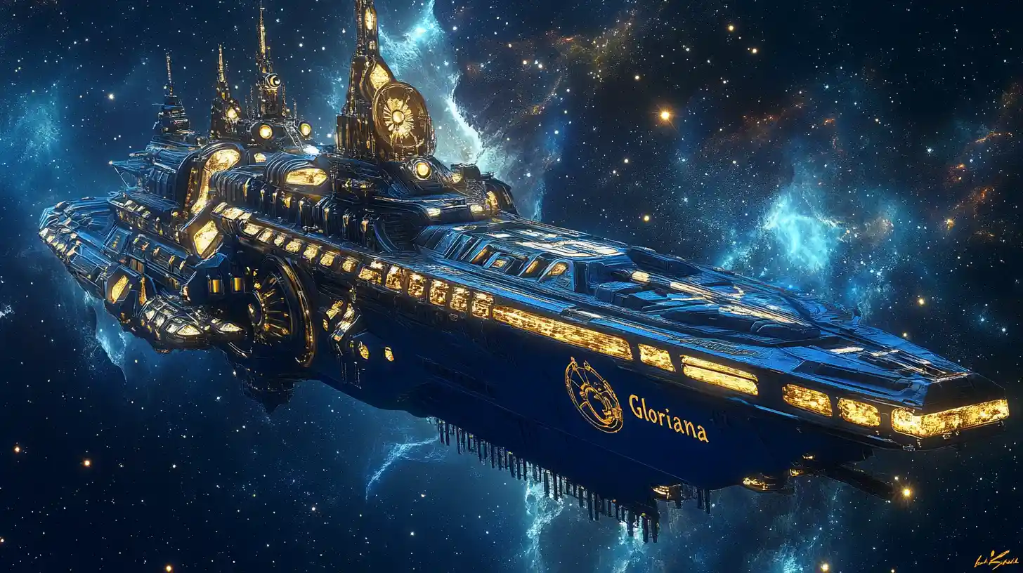 Majestic sci fi battleship gliding through deep outer space
