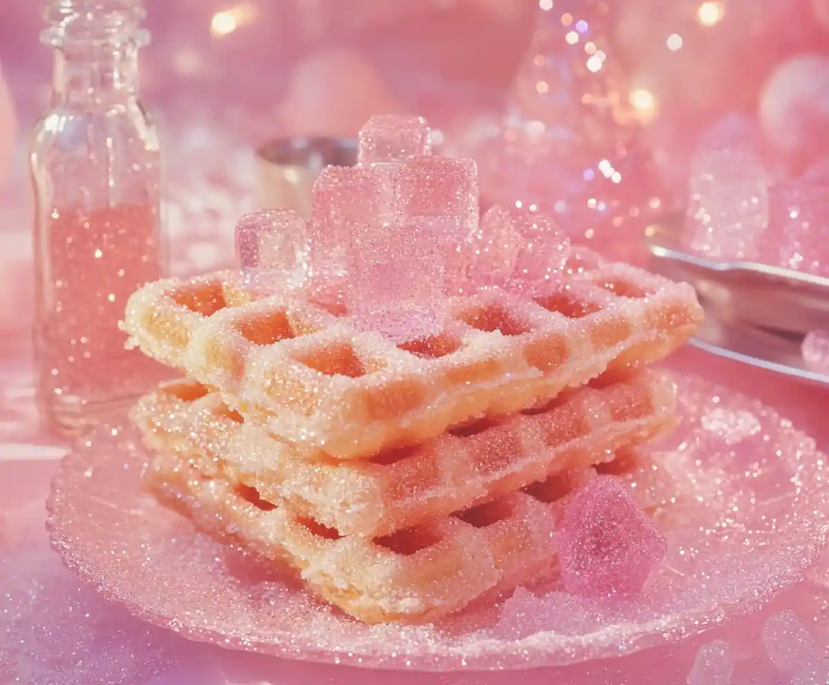 Stacked pink desserts on a glittering glass plate
