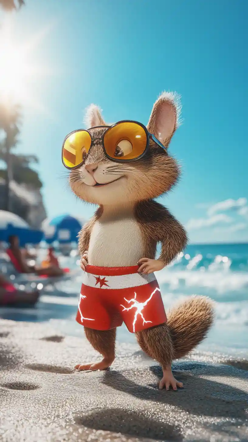 Cartoon lifeguard chipmunk with lightning powers on beach