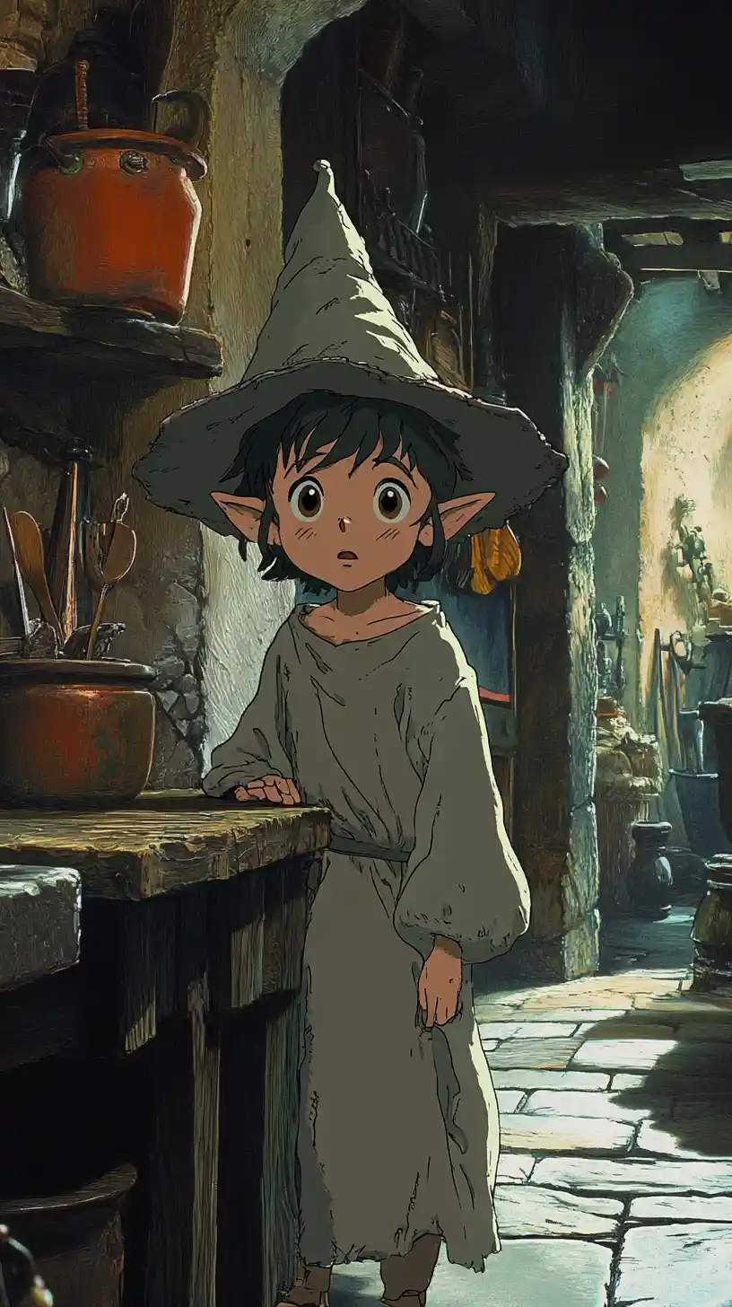Young house elf in a dim cluttered kitchen scene