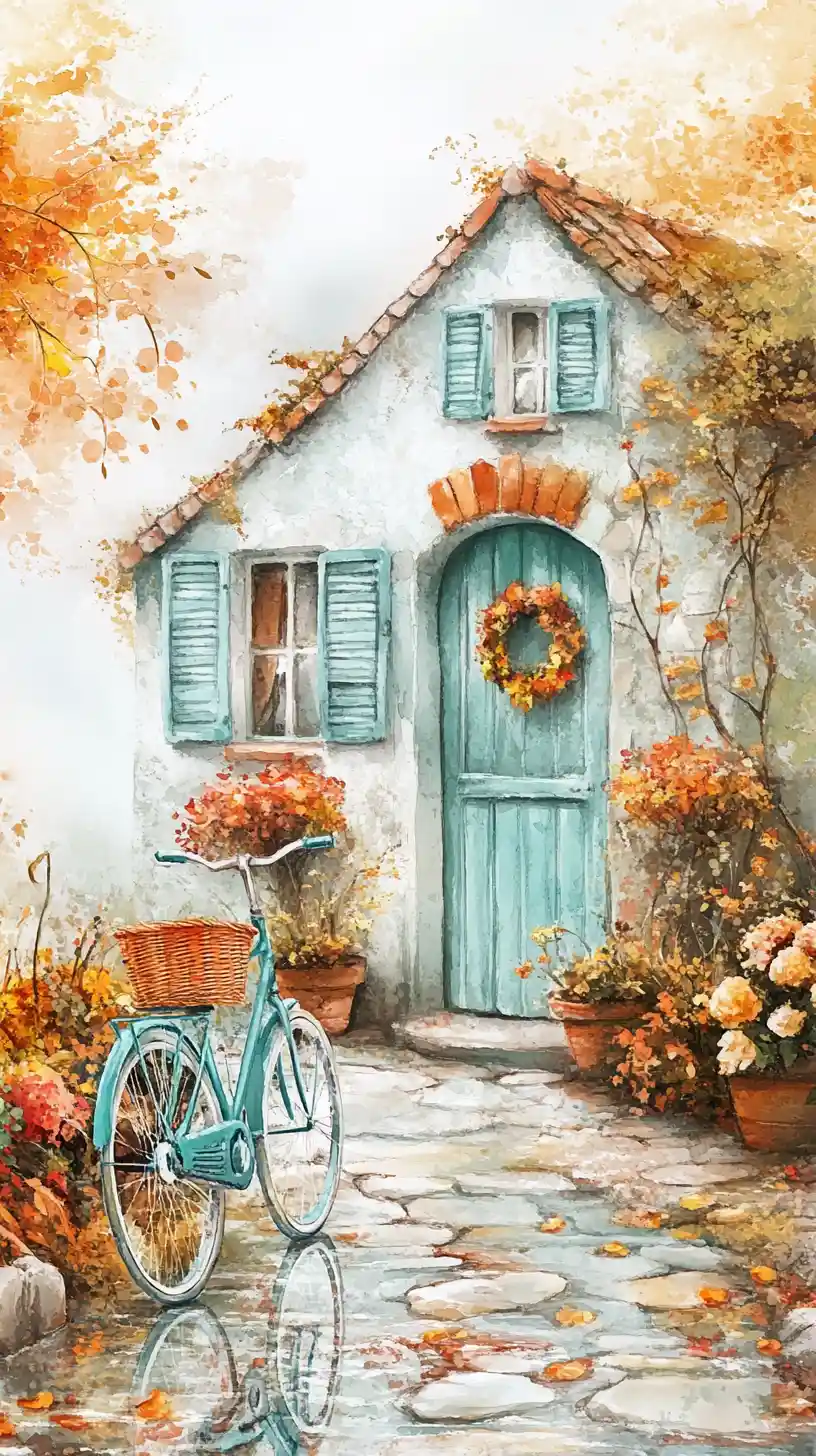 Watercolor teal house with bicycle and autumn flowers