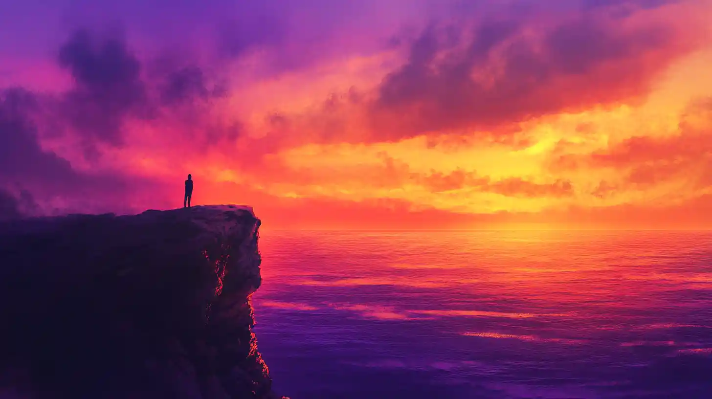 Silhouette On Cliff Watching Serene Ocean Sunset Sky