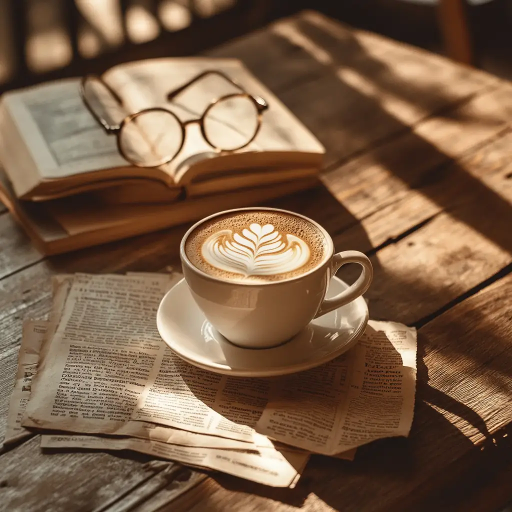 Vintage coffee on rustic table with newspaper clippings