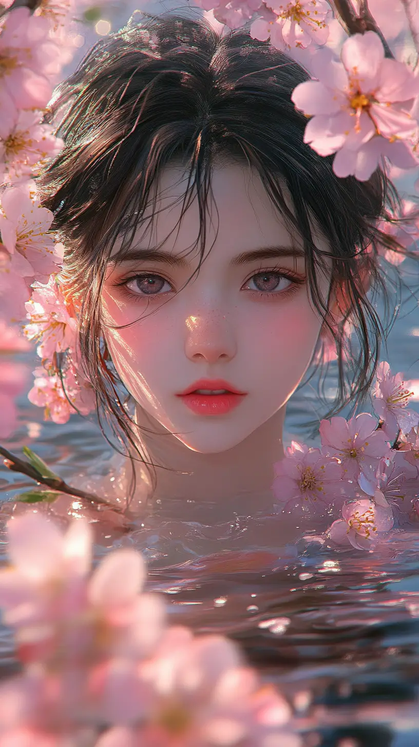 Girl by the river with glowing peach blossoms in spring