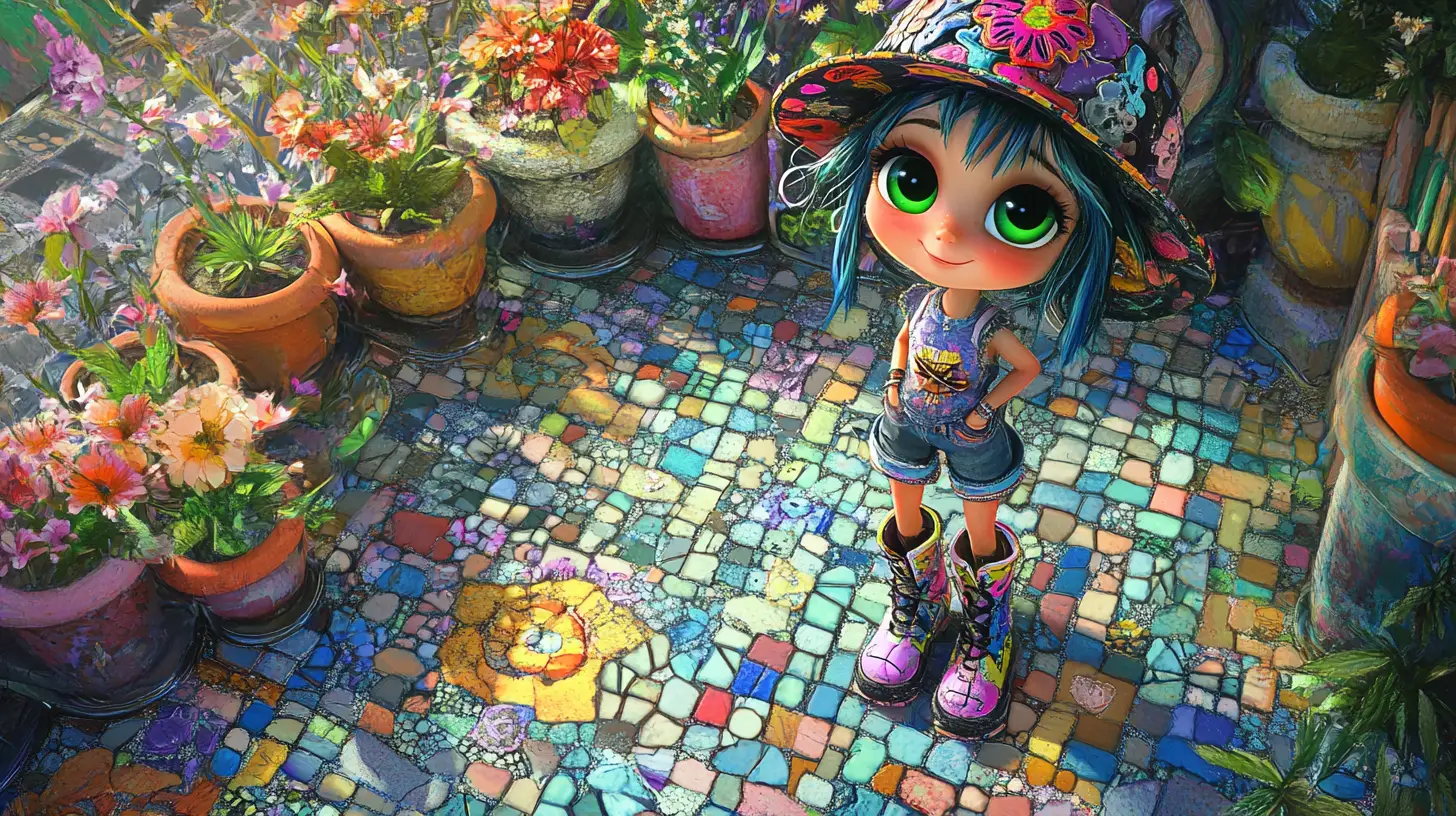 Cheerful kawaii girl in punk outfit on mosaic floor
