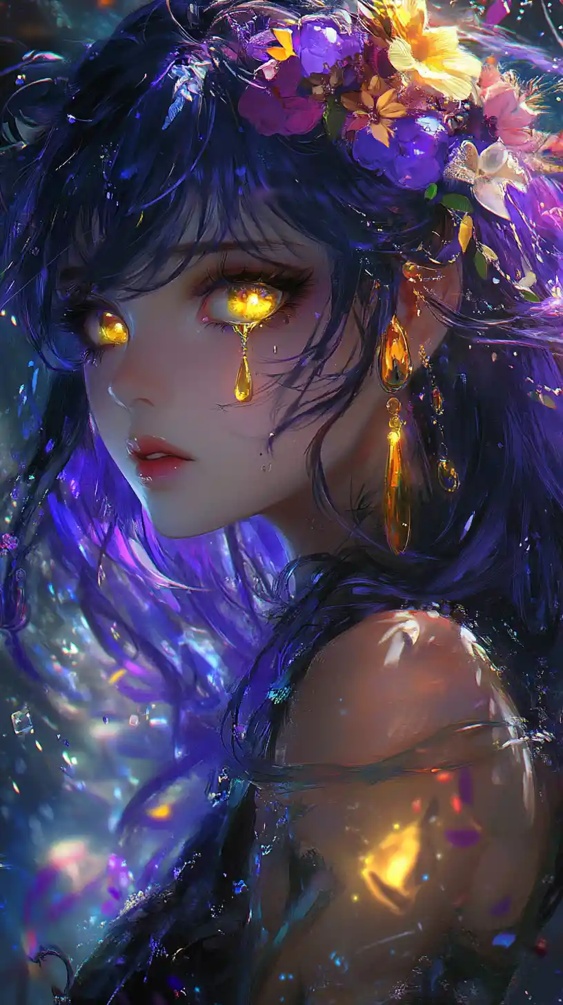 Anime girl with glowing eyes in swirling colorful storm