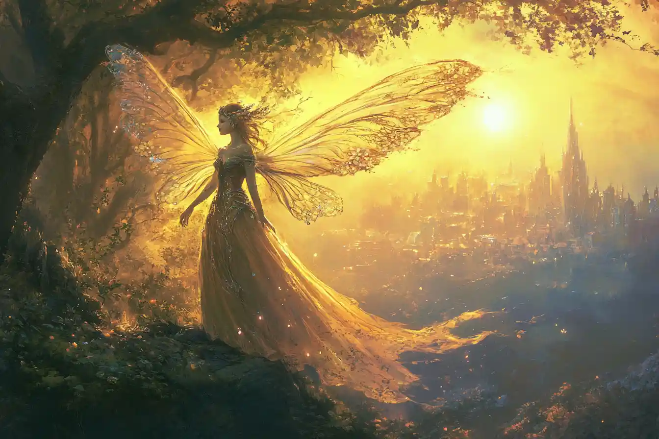 Fairy princess guardian at the edge of an enchanted forest