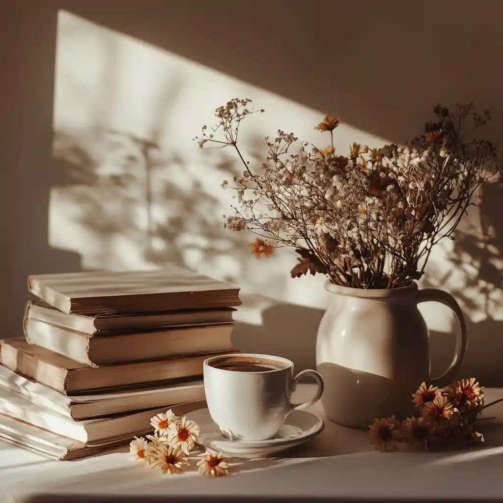 Cozy desk with books coffee and flowers in warm light