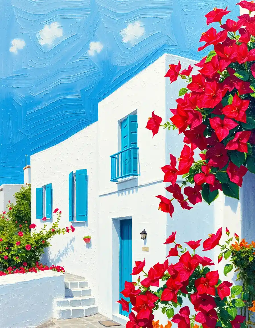 Gouache houses with turquoise shutters and blooming bougainvillea