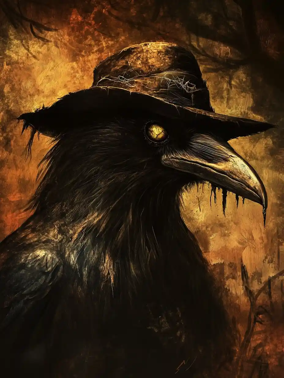 Spooky anthropomorphic crow in dark fantasy oil painting