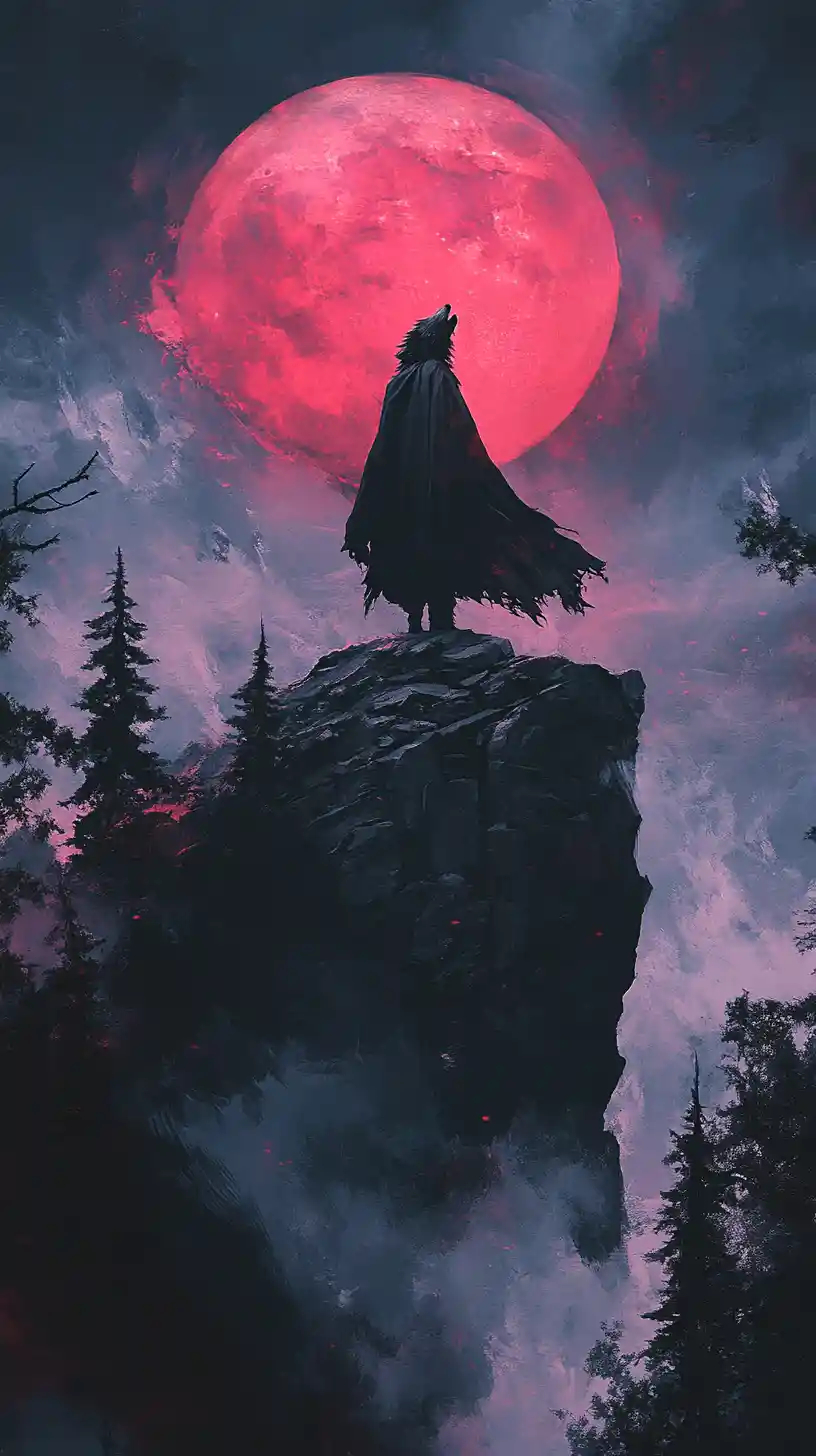 Werewolf In Cloak On Rocky Cliff Under Crimson Blood Moon