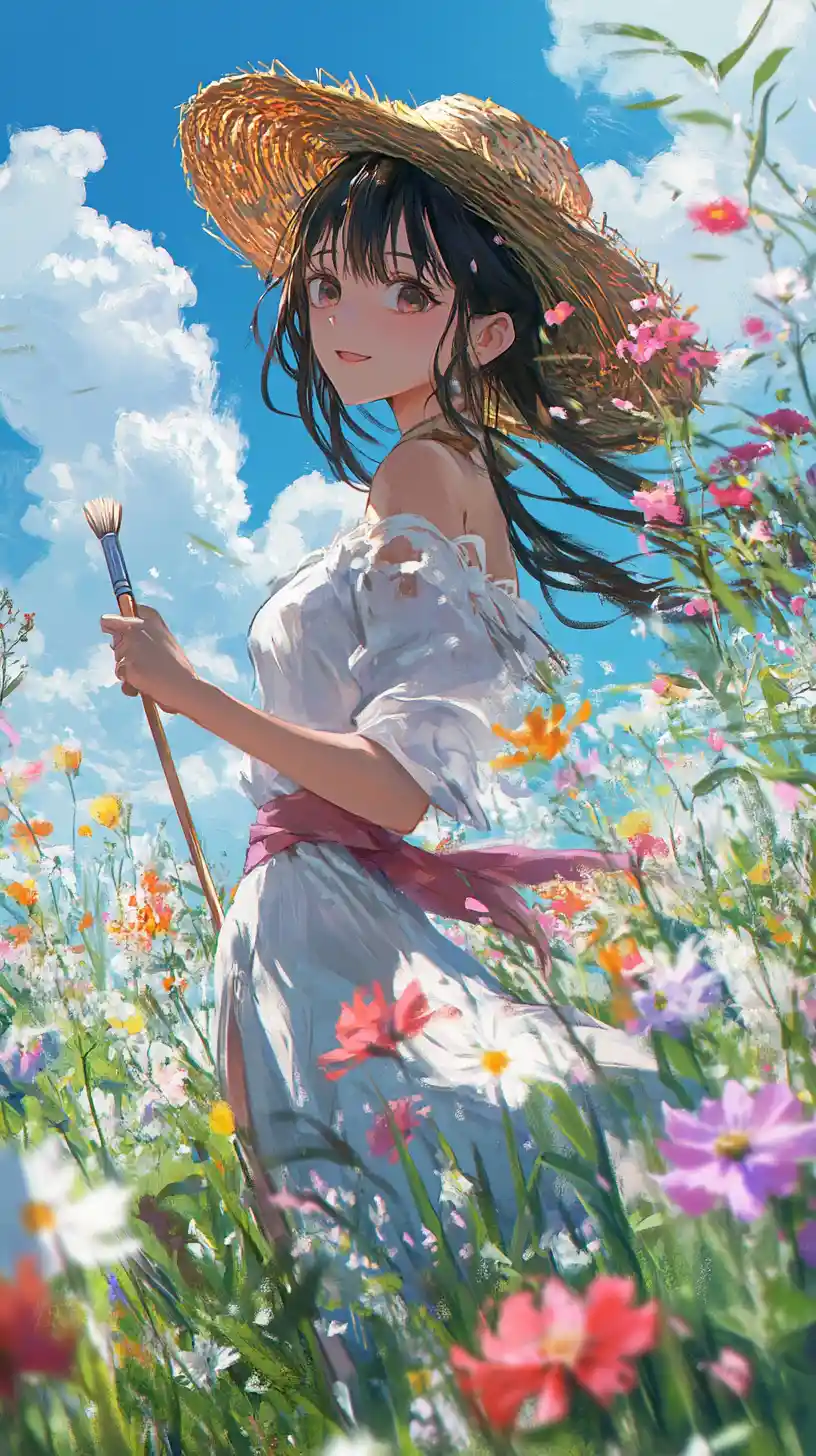Anime girl with straw hat painting in countryside field