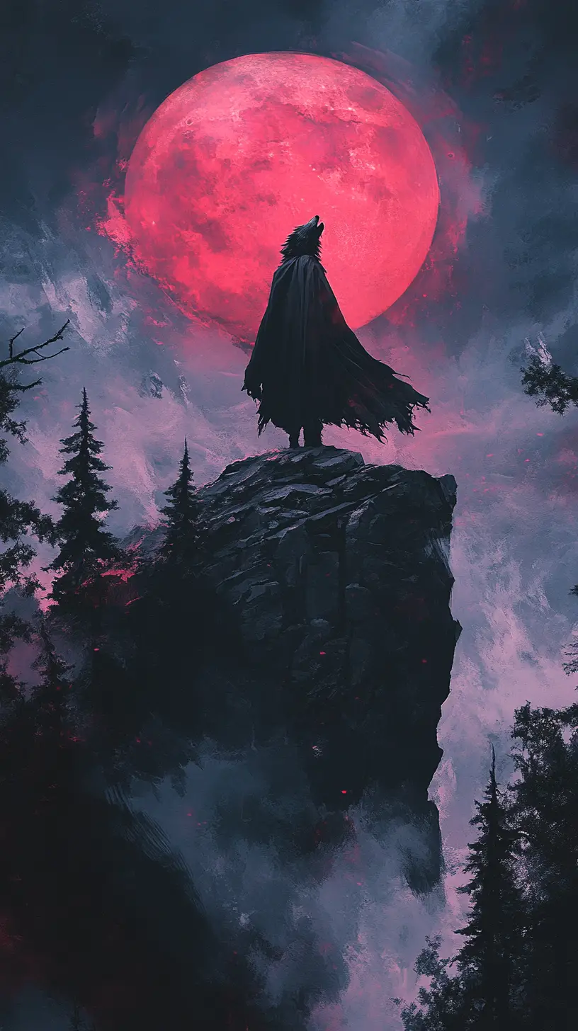 Werewolf In Cloak On Rocky Cliff Under Crimson Blood Moon