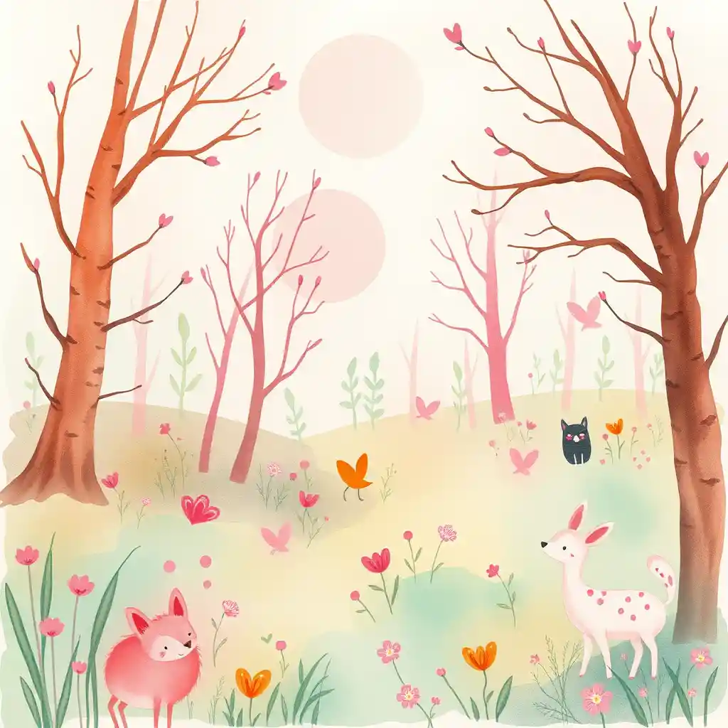 Dreamy Watercolor Forest With Fireflies And Gentle Animals