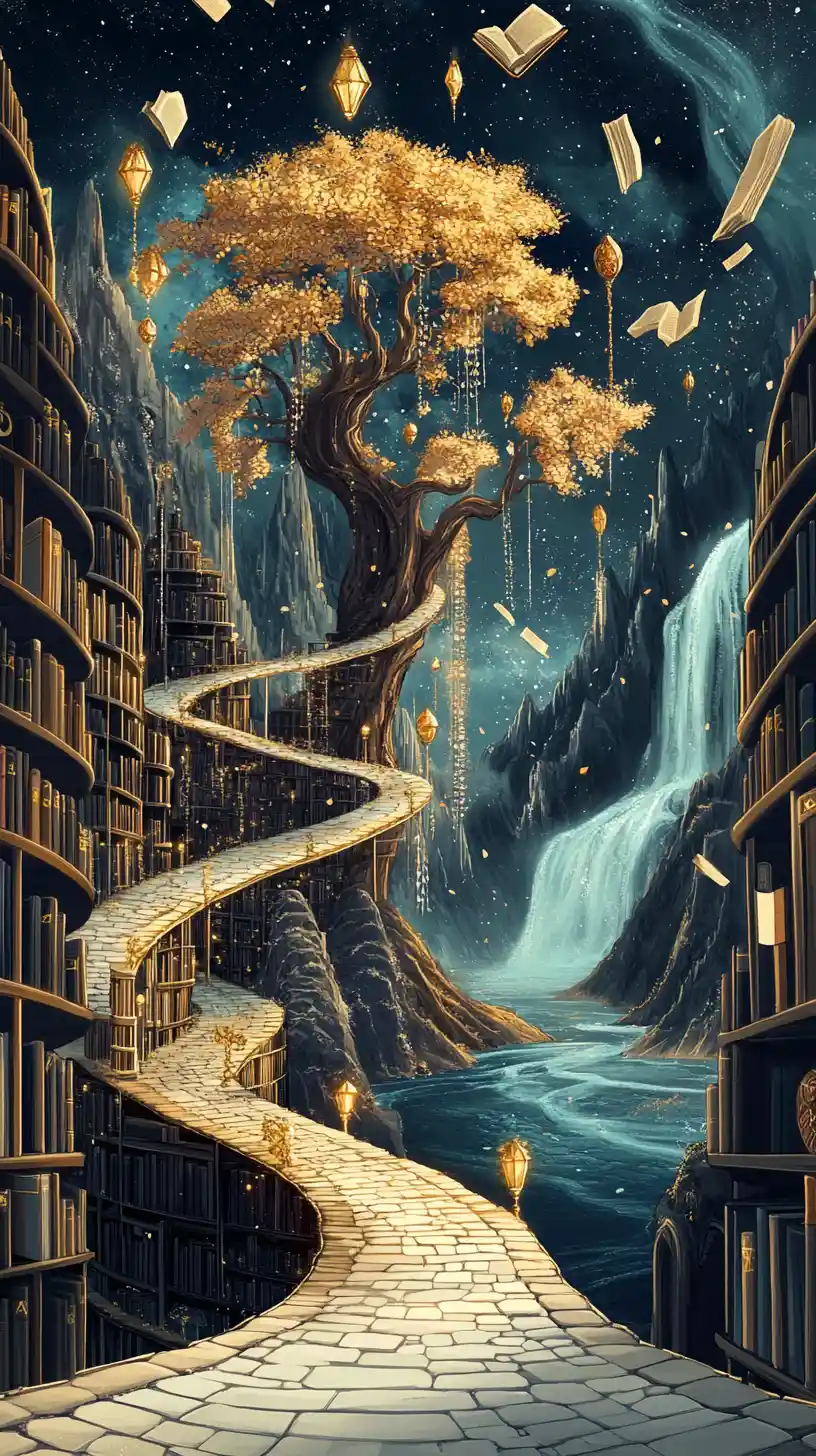 Golden tree by a mystical river in anime fantasy