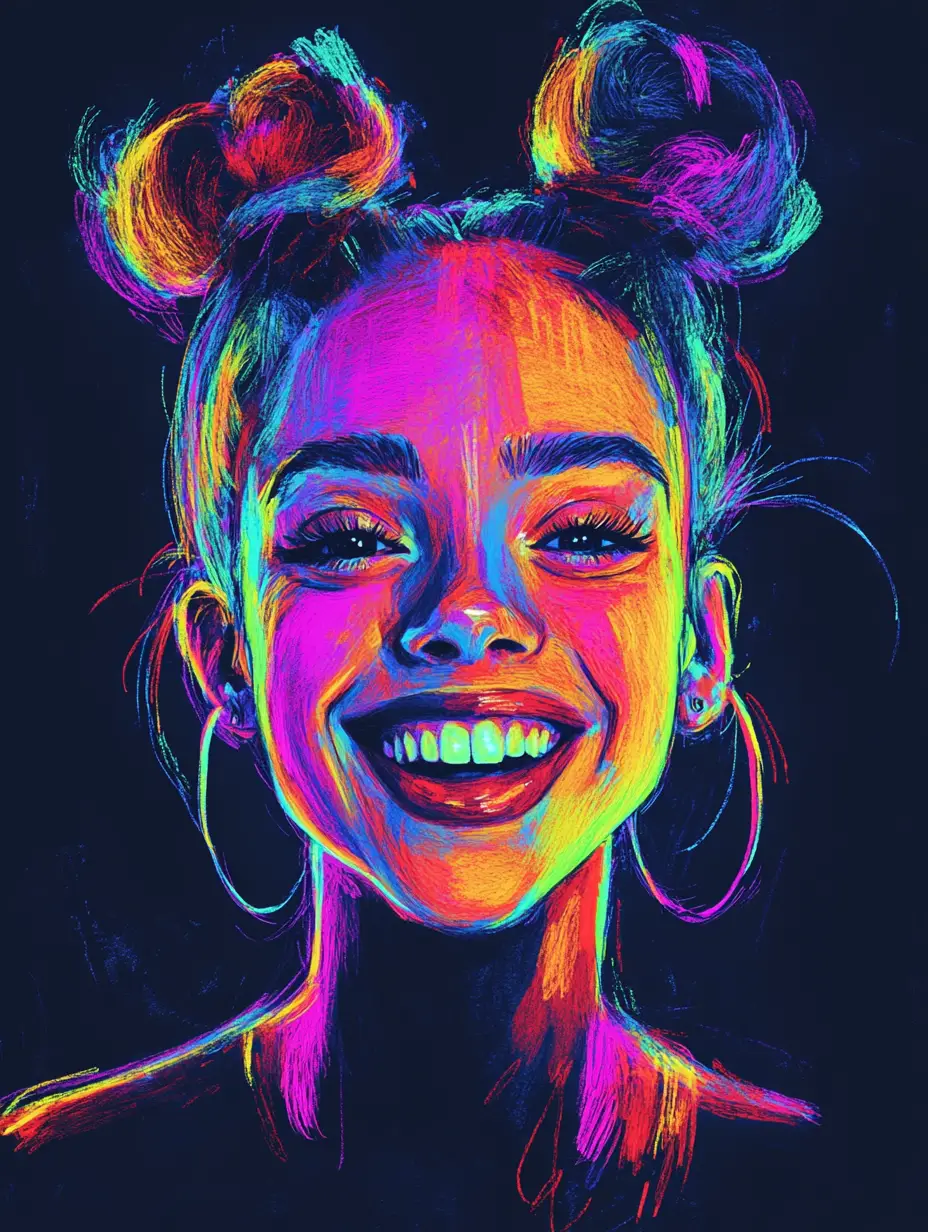 Fluorescent minimalist portrait sketch of a smiling girl