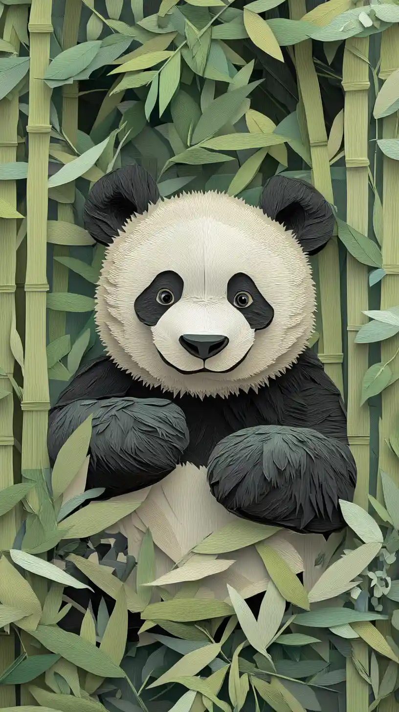 Panda ritagliato nella carta seduto in una rigogliosa foresta di bambù verde