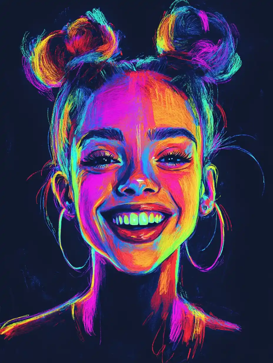 Fluoreszierende minimalistische Porträtskizze eines lächelnden Mädchens