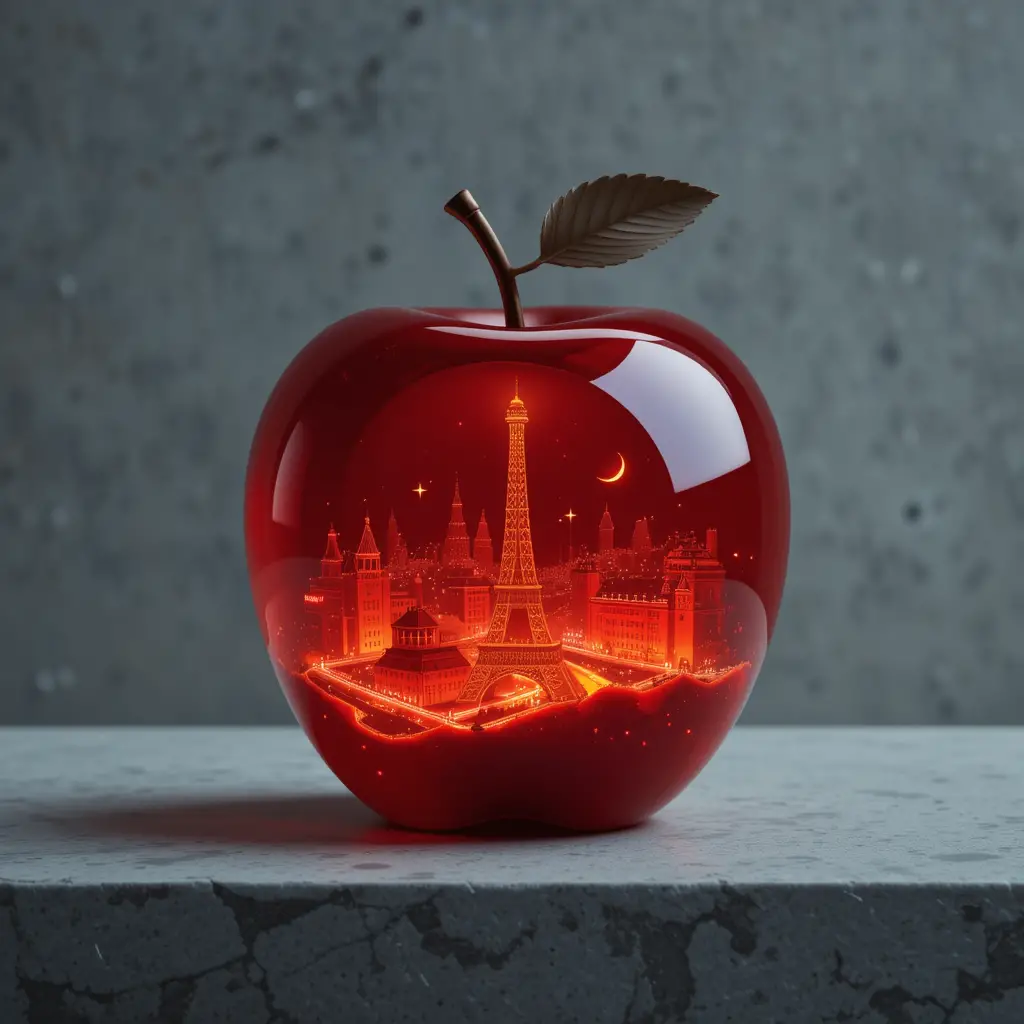 Glowing Jelly Apple Containing A Tiny Paris Night Cityscape