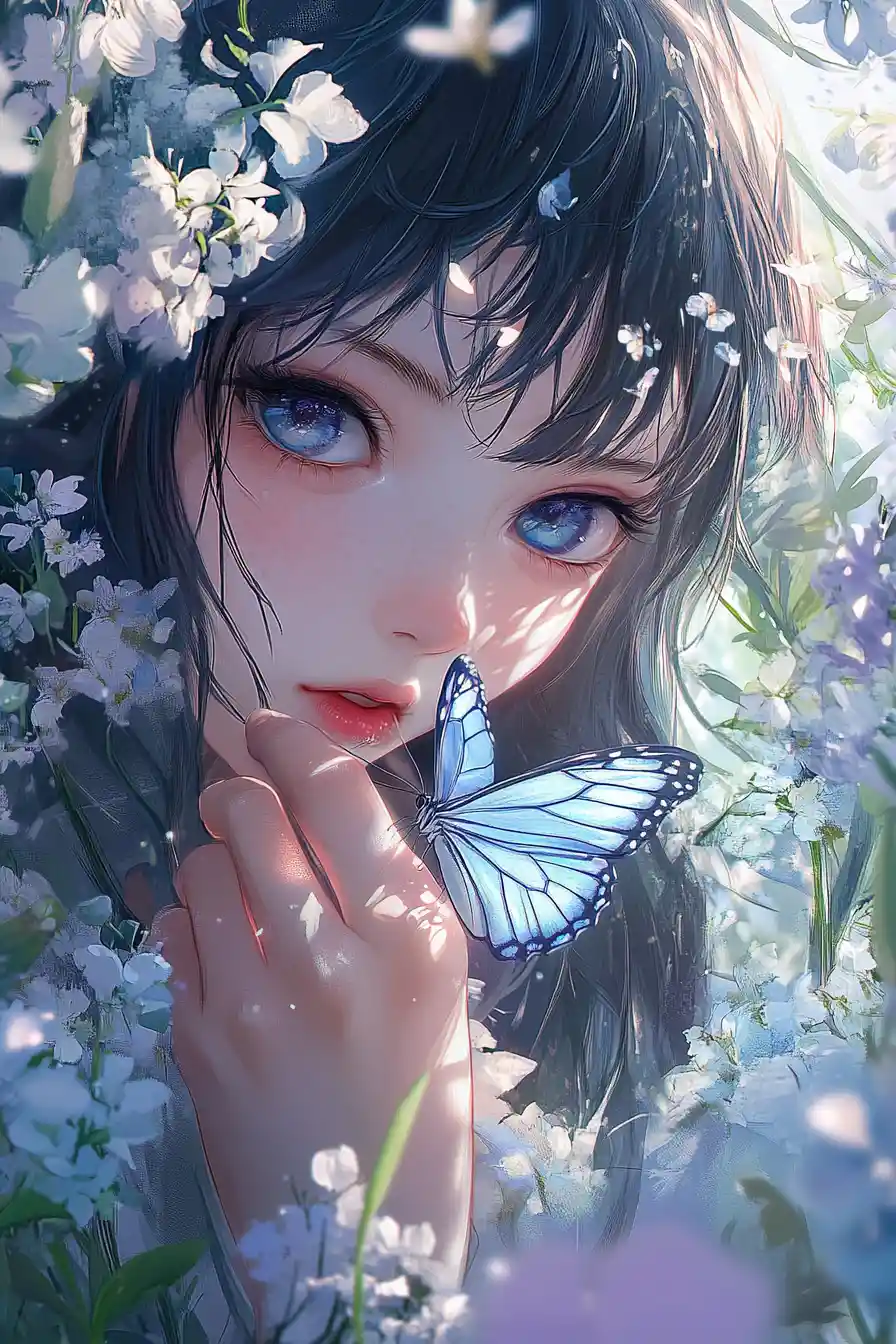 Anime girl close up with butterfly and floral background