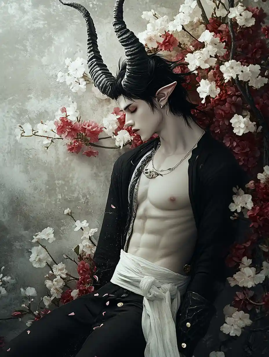 Surreal fantasy man with horns in a mystical flower garden