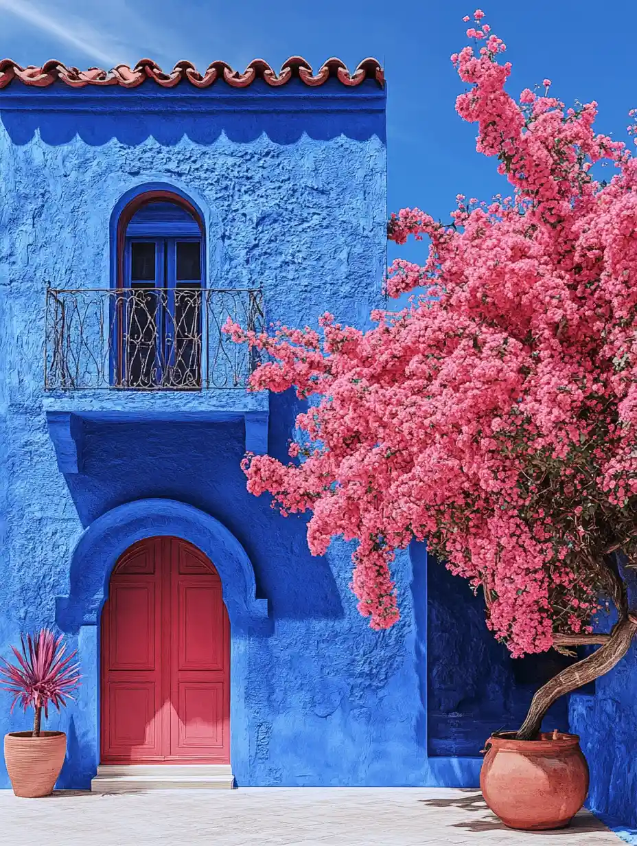 Bright blue stucco house with red arches and pink tree
