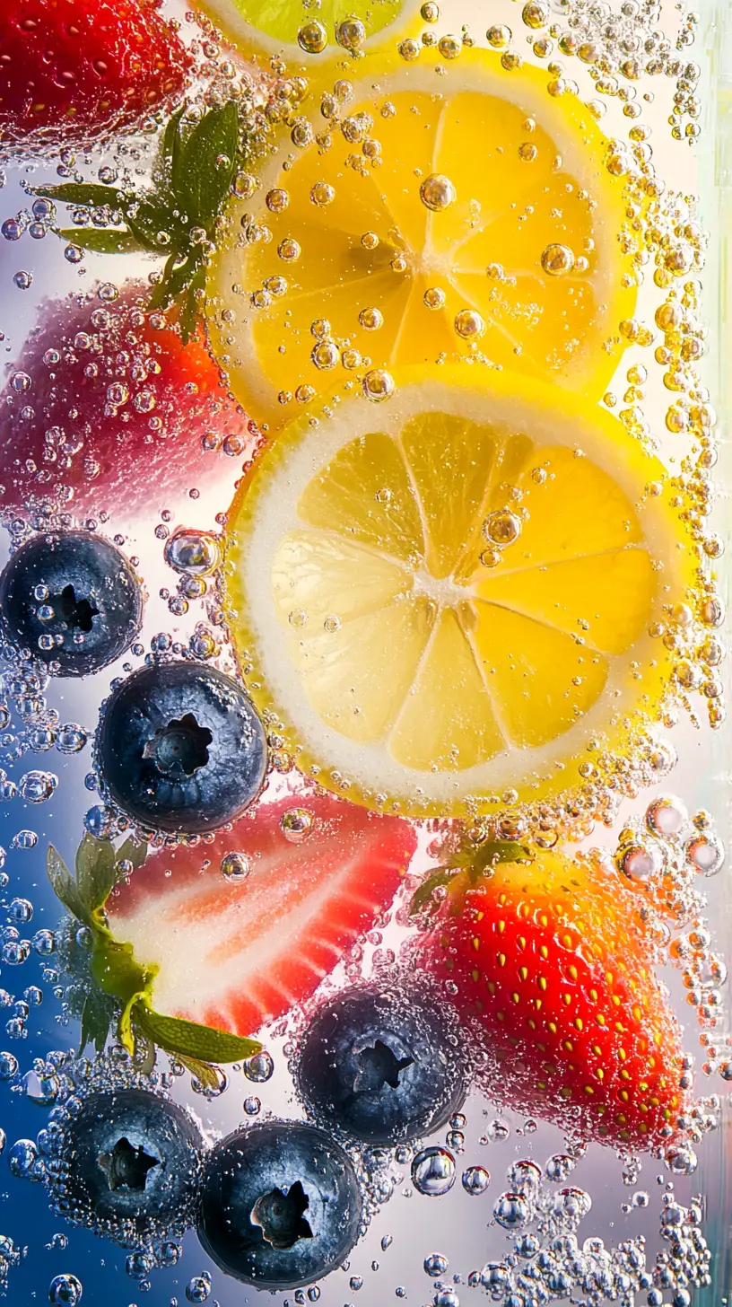 Colorful fruit drink close up with glass and bubbles