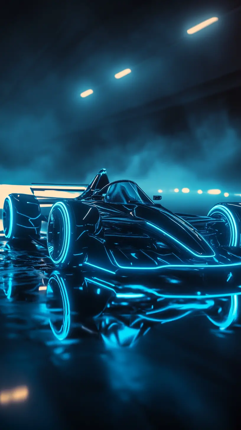 Futuristic neon race car on dark reflective surface