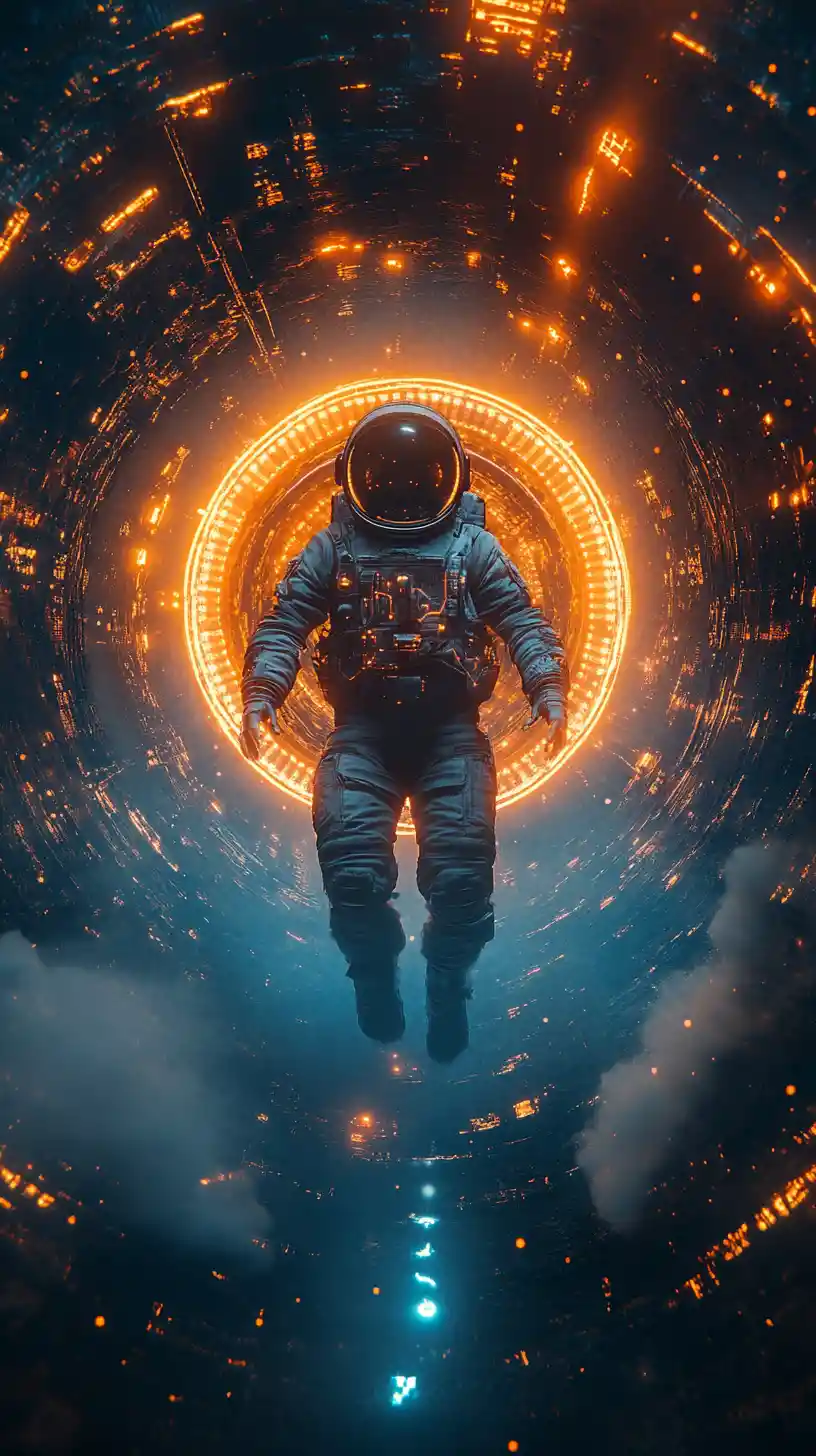 Lone astronaut drifting through a glowing sci fi wormhole