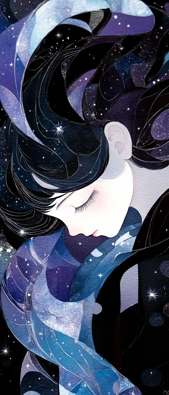 Sleeping girl drifting in swirling cosmic ink