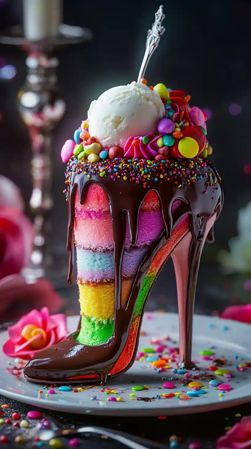 Colorful stiletto cake slice with melting vanilla ice cream