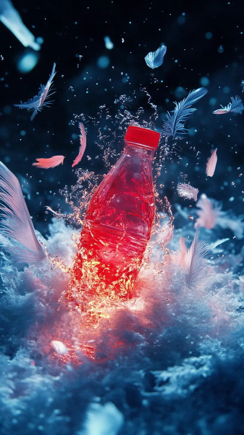 Glowing bottle exploding through feathers and jelly beads