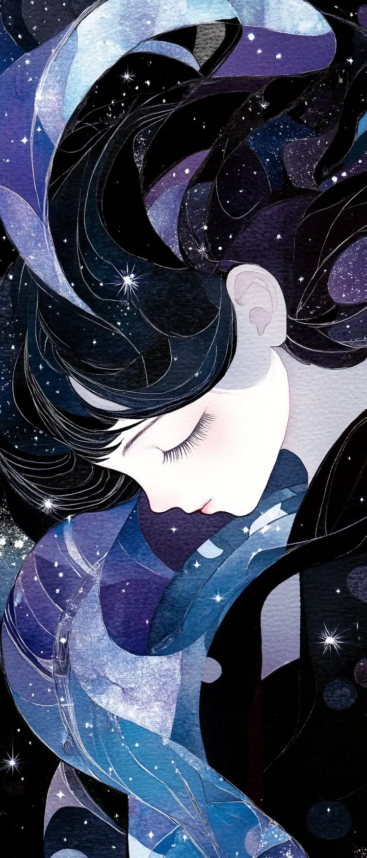 Sleeping girl drifting in swirling cosmic ink