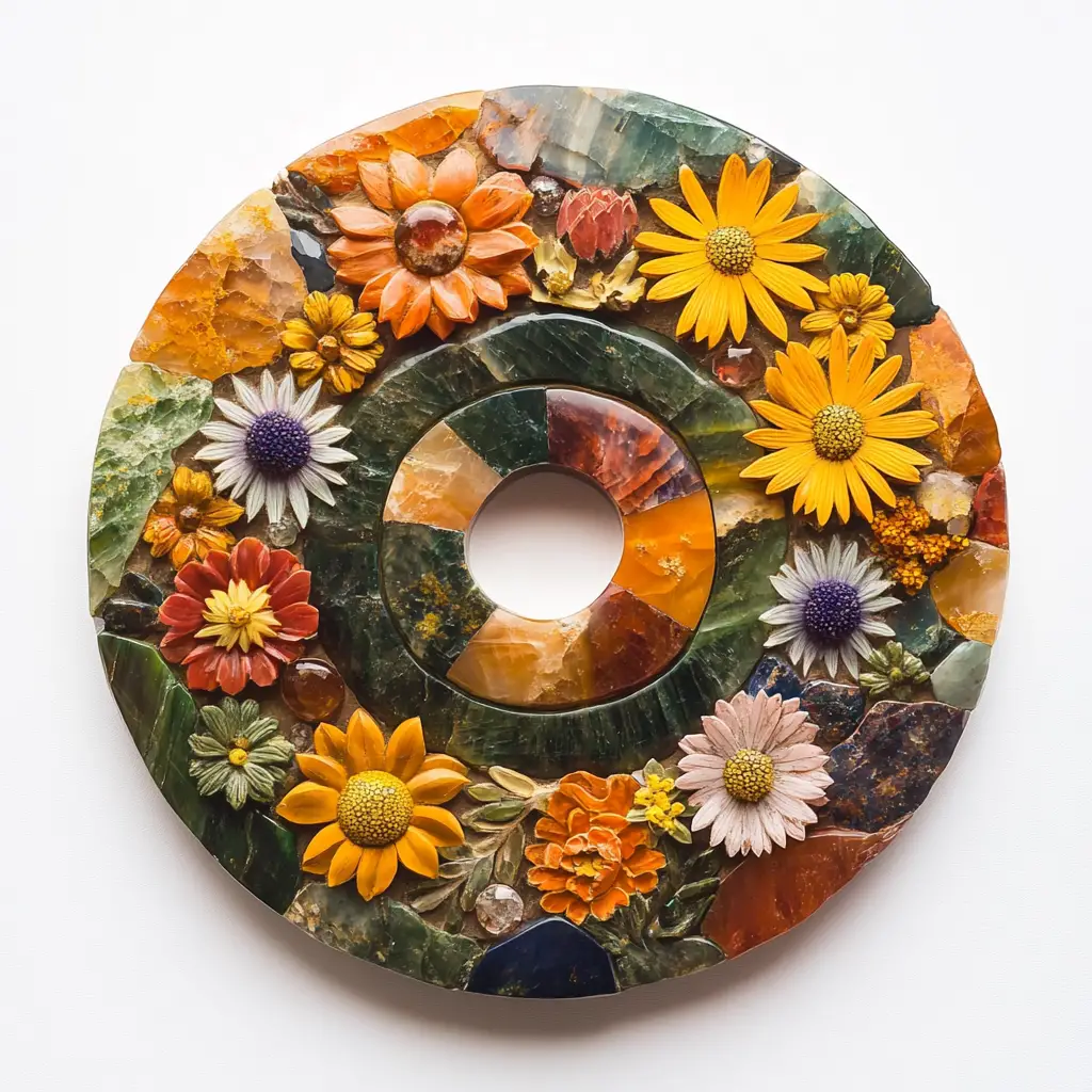 Stone medallion with flowers on white studio background