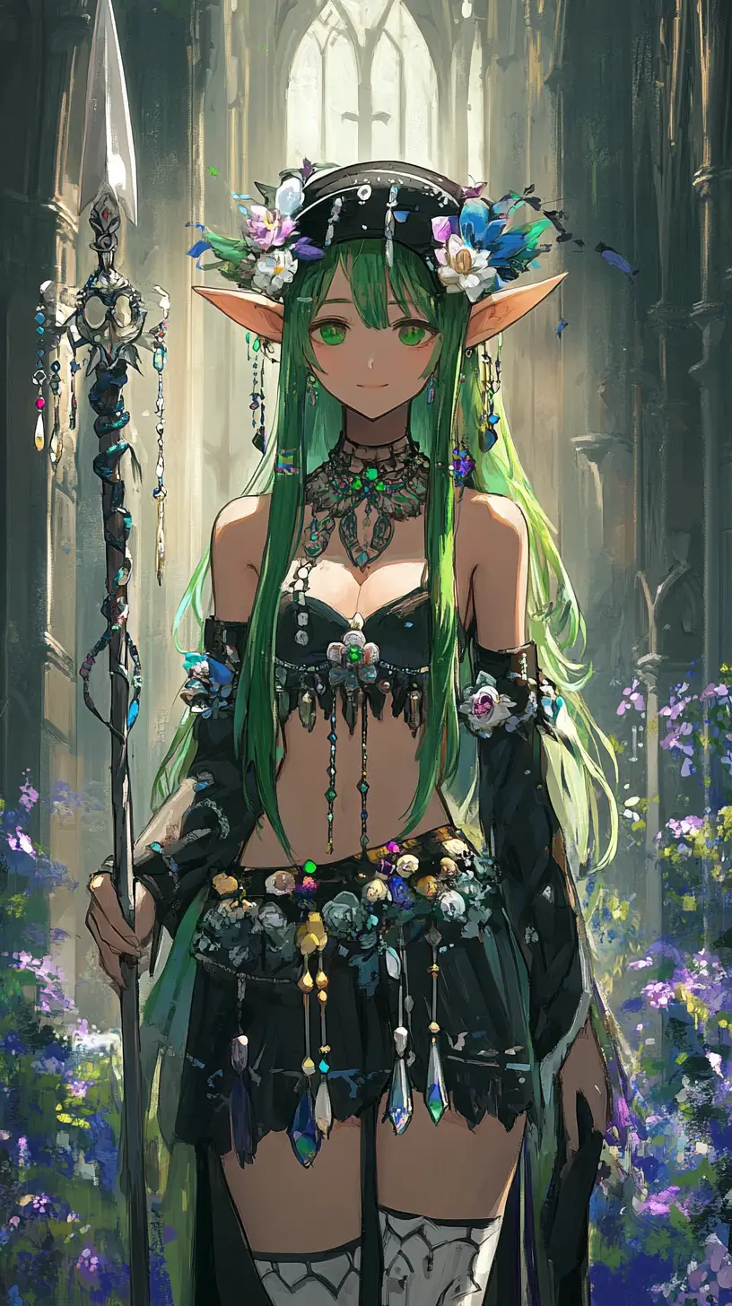 哥德式大教堂中的持槍奇幻精靈少女