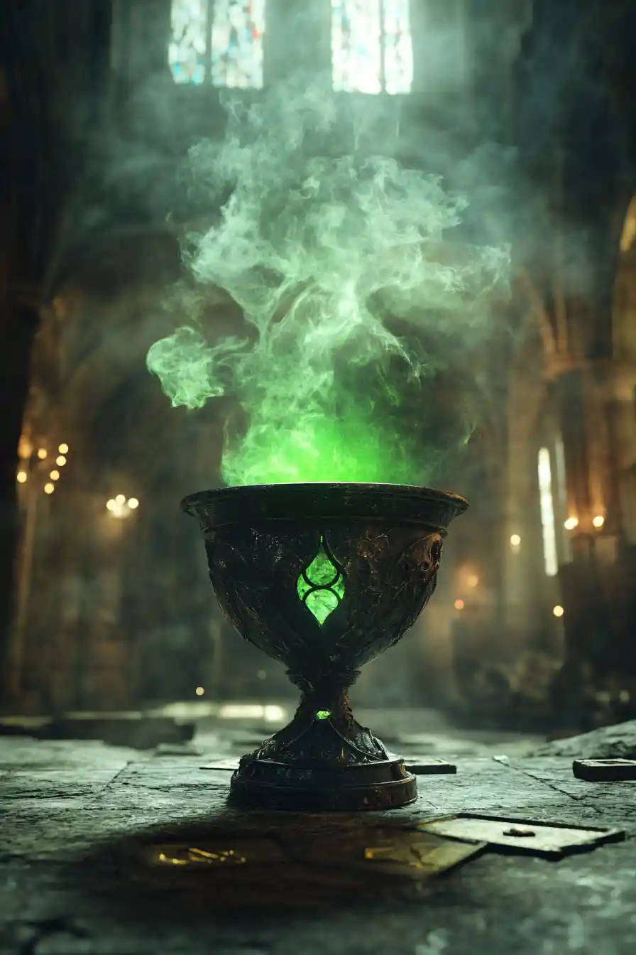 Black chalice of green magic on ancient rune altar