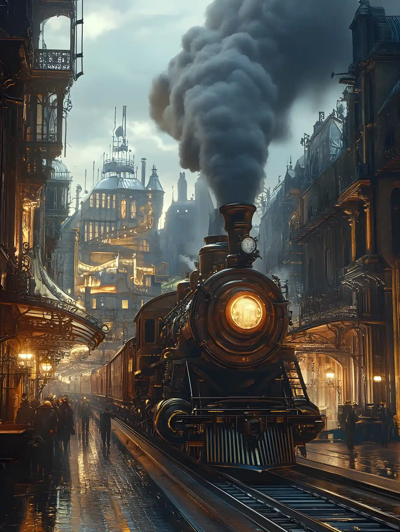 Whimsical steampunk fantasy world in vintage gloomy tones